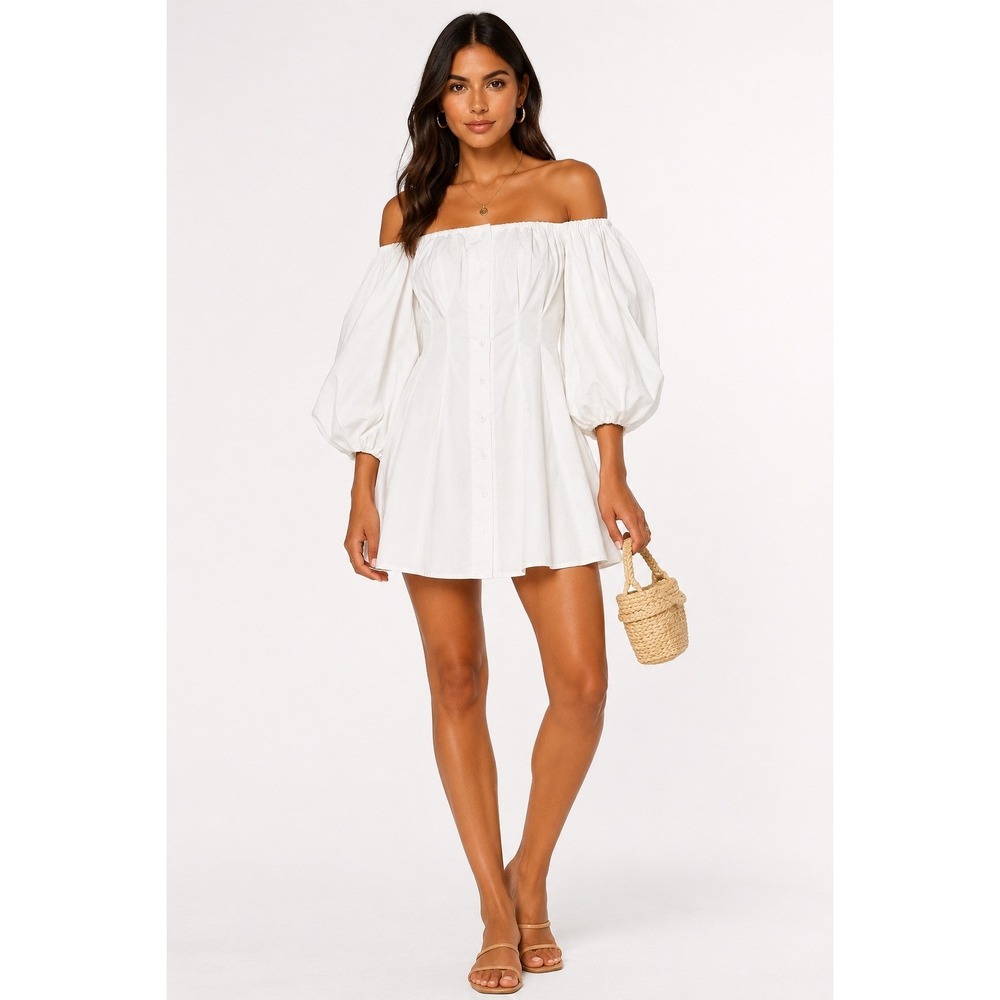 White Off the Shoulder Puff Sleeve Button Front Mini Dress Size M Cottagecore